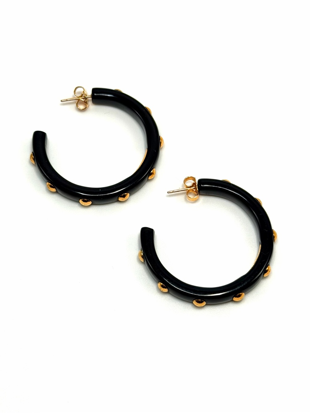 Coach Black Lucite Gold Tone Studded Hoop Earrings 1.5” Logo - Picture 14 of 14
